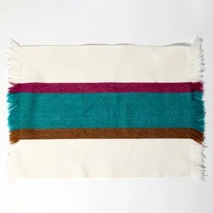 Set of 2 cotton woven placemats fucia and teal on cream stripe - 18