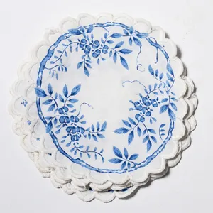 Blue and White Fabric Viney Flower Print with Scalloped Edge Placemat Doily