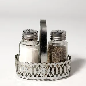 Clear Glass 3 Piece Salt & Pepper Shakers in Metal Tray with Handle diner style