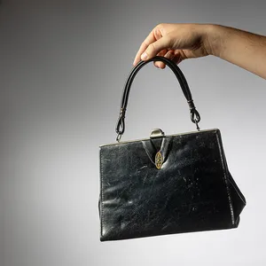 Vintage Rigid Small Black Leather Handbag Ornate Gold Buckle