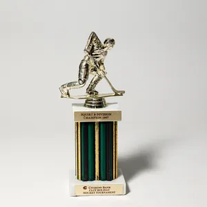 White Marble and Green and Gold Plastic Vintage Hockey Trophy