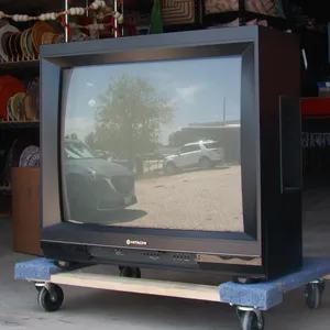 Vintage Hitachi CRT Tube Television Black Wood Grain Exterior, 90s 2000s, TV