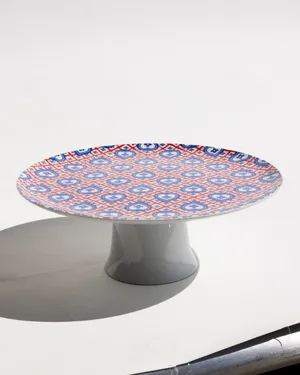 Vintage Taste Setter Collection pedestal cake stand plate featuring a blue hearts and red stripes pattern