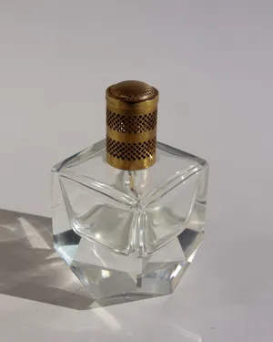 Vintage Geometric Heavy Crystal Perfume Bottle with Brass Cap