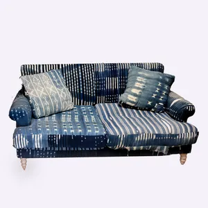 Vintage Indigo Blue Custom Tie Dyed Patchwork Upholstered Loveseat, Deep Comfortable, Well Loved