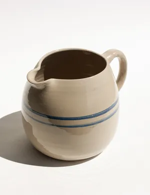 Antique Stoneware Crock Round Medium Sized Pitcher with Blue Stripe