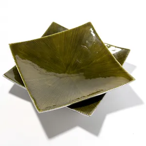 Nova Green Lines Radiating from the Center, Plate, Tray, Serving Dish. Metal Base - 