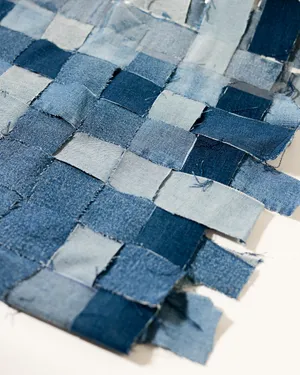 Handwoven Indigo Denim Patchwork Textile Panel Upcycled, Tabletop Photography, Surface, Backdrop