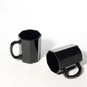 Octagon Shaped Black Glazed Coffee Cup Tall Slender Octime Glass Mugs, Cups - 4