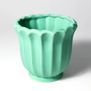 Blue Green Art Deco Tapered Scalloped Ribbed Planter Ceramic