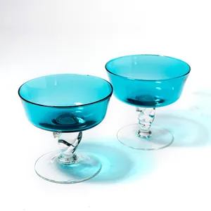 Mid Century Italian Twisted Stem Sorbet Gelato Cup Turquoise, blue - 3.75