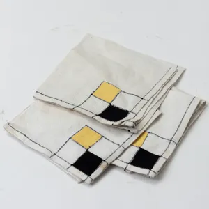 Set - Linen Black and Yellow Checkered Tablecloth and Matching Napkins