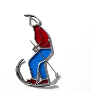 Handmade Stained Glass Snow Skier Red and Blue Winter, Christmas Decoration