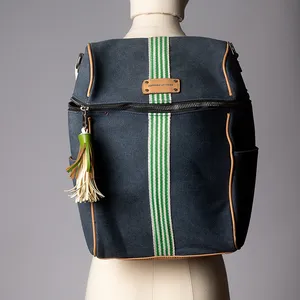 Backpack Blue Denim, Beige leather detail, Green and white cord - 16