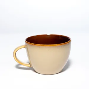 Single Ceramic Beige Tan Globe Coffee Mug with Caramel colored rim and matching interior - 2.5