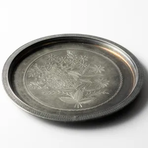 Heavy Silver Platter 60s era Stamping Around the edge and Etched Peonies and Daisies in the Center - 