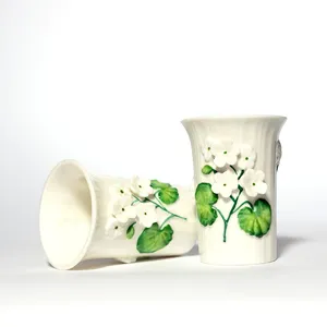 Vintage Toothbrush Holder White milk glass With White Flower and Green leaves -  4
