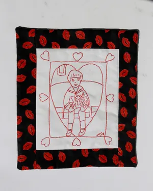 Hand Embroidered Red Thread little boy portrait with Kiss Lips fabric Around