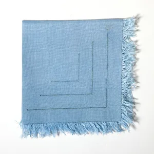 Vintage Blue Pastel Woven Cotton Table Cloth and Napkin with Fringed Edges, Retro Table Cover Single