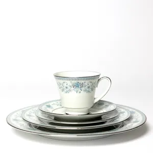 Fine China Blue Hill by Noritake Plate Contemporary Blue Hill Pattern Blue flowers with Silver painted Rim include dinner plate, salad plate, dessert plate, cup and saucer - 