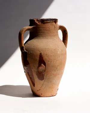 ANTIQUE TURKISH TERRACOTTA LARGE POTTERY TWO HANDLED OLIVE JAR Blown Glaze on the Top - Medium