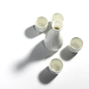 White 5 Piece Saki Set Decanter and 4 glasses Asian Plain White -  5.25
