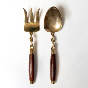 Mid Century MCM Thai Bronze and Teak Silverware Salad Servers