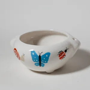Mid-Century Crackle Glaze Garden Insect Ceramic Bowl