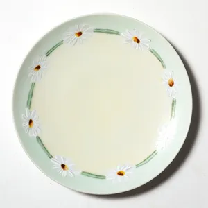Hand Painted Dessert Plate Pale Green with White Daisies and Green Line 1923
