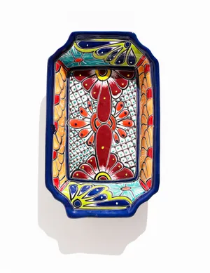 Handmade, vibrant Talavera rectangular serving platter with handles in the Margarita pattern, featuring a blue rim and floral design