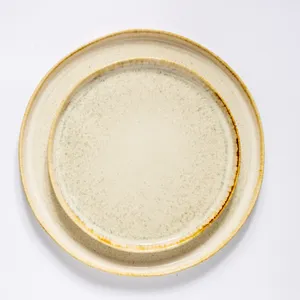  Egg Shell Dinnerware set with ochre paint drips Dinner - 10.75