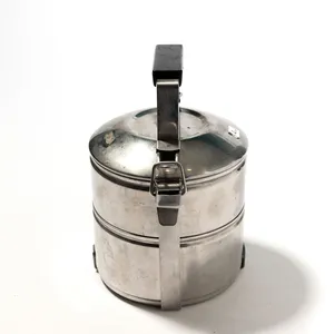 Two 2 Tiered Tiffin Box Silver Metal Mess Kit with Black Bakelite Handle - 8.5