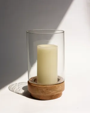 Hurricane Candle Holder, Rustic Wood Base, Clear Glass Pillar Candle Holders