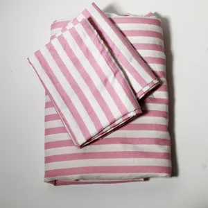 Pink White Stripe Cotton Bedding Set Full Size Top sheet and 2 Pillow Cases