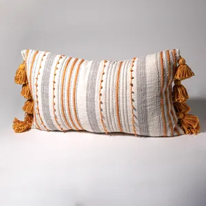 Rectangle Pillow Cream with Black and Orange Stripes Orange Tassels