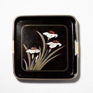 Vintage Plastic Serving Tray Mid Century Floral Flower gold trim