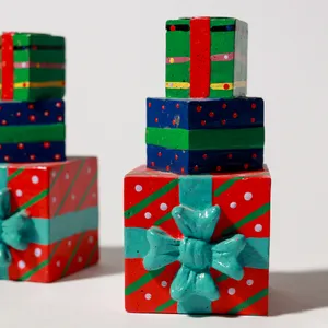 Colorful Ceramic Stacked Christmas Gift Box Candle Holders Pair