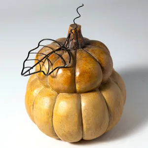Beige Plastic Gourd Pumpkin Fall Double, Stem with a Wire Leaf