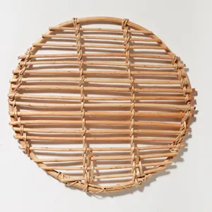 Handwoven Round Bamboo Rattan Trivet Natural Grid