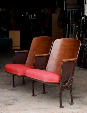 Two Vintage Wood, Metal and Red Fabric Cushioned Folding Theater Seats, Auditorium Seats, Movie Chairs