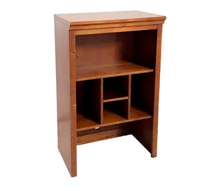 wooden bookcase with a reddish-brown stain. odd uneven openings