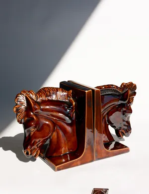 Vintage Horse Head Bookends Ceramic Brown Glaze Felt Covered Bottom 1950’s