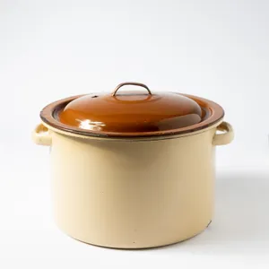 Kitchen Pots and Pans: Yellow and Brown Enameled Stock Pot Tamale Dutch Oven Enamelware- 6