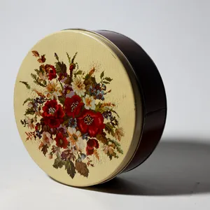 Vintage Floral Needlepoint Round Burgundy Biscuit Tin, Cookie Tin, Holiday, Gift