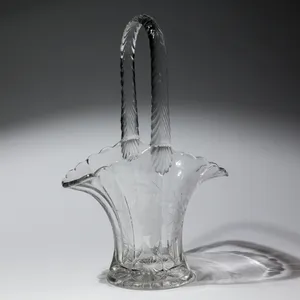 Victorian Cut Crystal Etched Floral Glass Basket, With Arched Handle