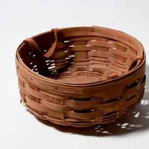 Rustic Splint Wood Basket Leather Handle Farmhouse
