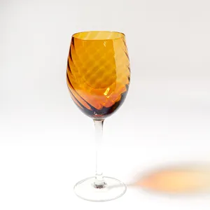 Oversized Amber Gold, yellow Wine Water goblets twisted ribs iridescent Glass - 9.5