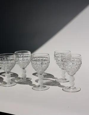 Vintage Glass Water Goblets by Heisey with Victorian Block Pattern, Double Ball Stem