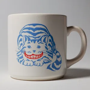 Vintage Cheshire Cat Alice Wonderland Ceramic Novelty Mug Blue Cat Red