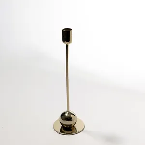 Tall Slender Shiny Gold Candle Holder with a Sphere at the Base - 11.5